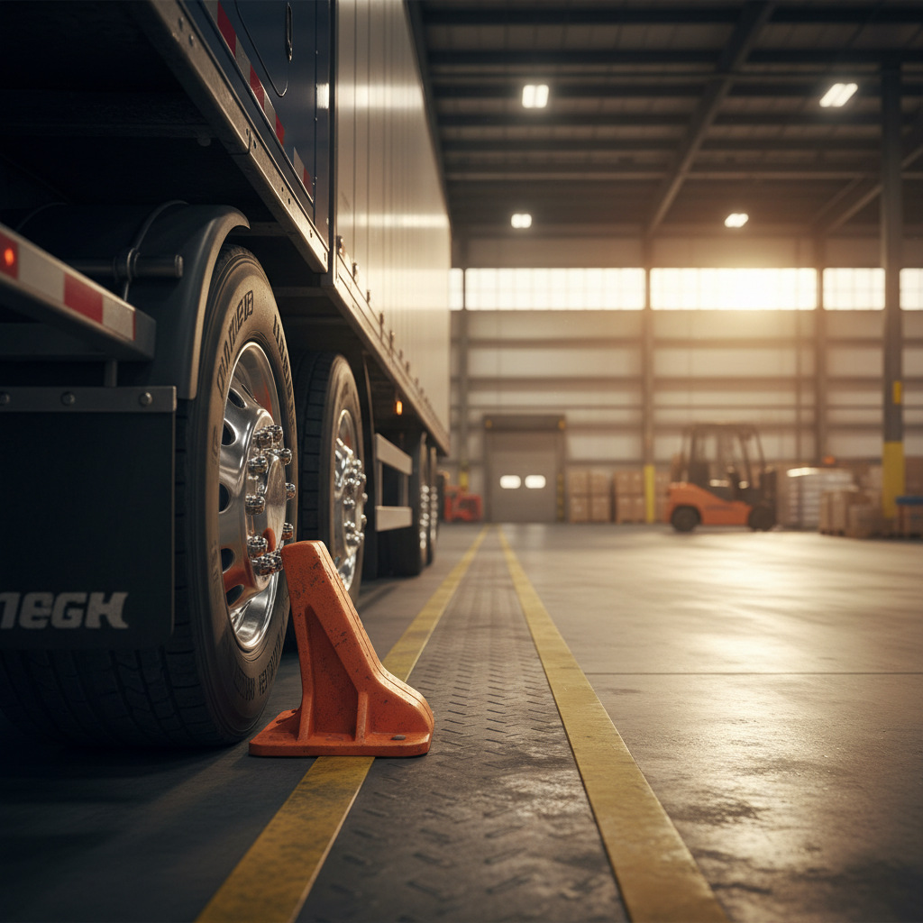 Heavy duty trailer wheel chock on loading dock